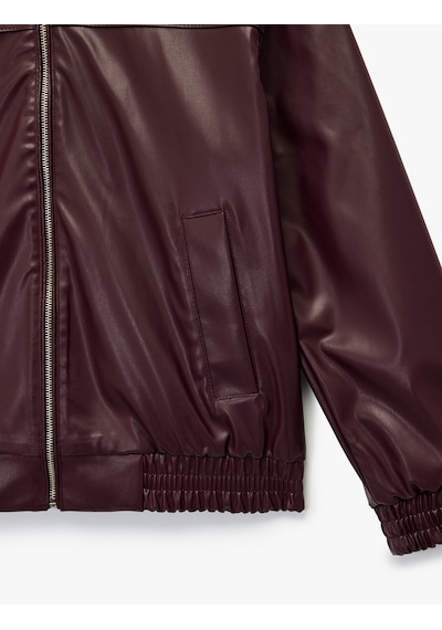 Koton Klasik Yaka Cepli Fermuarlı Suni Deri Oversize Bomber Ceket Bordo 6wal20150ıw Bordo