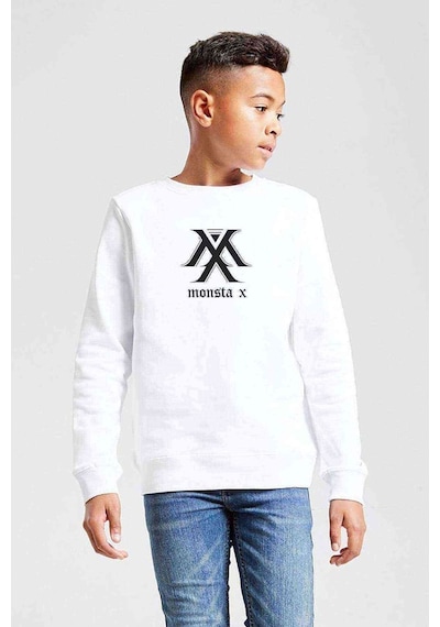 Tshirthane Monsta X Logo Baskılı Unisex Çocuk Beyaz Sweatshirt Beyaz