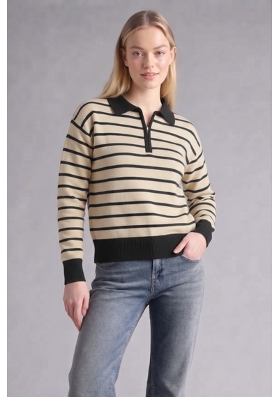 Soft&basic Çizgili Polo Yaka Triko Kadın Kazak Fermuarlı Siyah