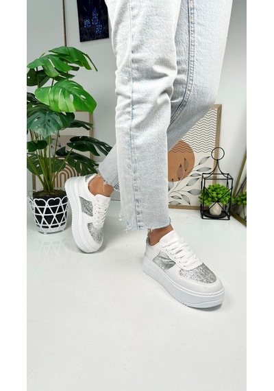 Günlük Kadın Sneaker Bağcıklı Hafif Kalın Yüksek Tabanlı Yürüyüş Nefes Alan Spor Ayakkabı 451 Simli - Beyaz