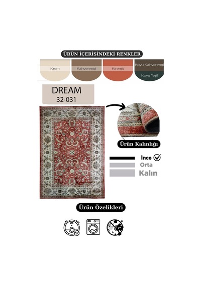Çam Halı Dream 32-031 Etnik Eskitme Desenli Dokuma Tabanlı Yıkanabilir Şönil Salon Ve Oda Halısı Kiremit - Krem