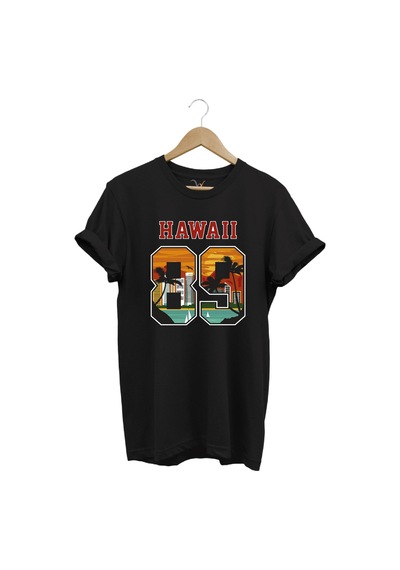 Hawaii 89 Gün Batımı Palmiye Ve Yelkenli Baskılı %100 Pamuk Unisex Regular Fit Tişört Siyah