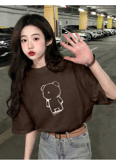 Flood Of Style Kadın Kahverengi Çizgisel Ayı Baskılı Oversize T-shirt Flood Of Style Kadın Kahverengi Çizgisel Ayı Baskılı Oversize T-shirt