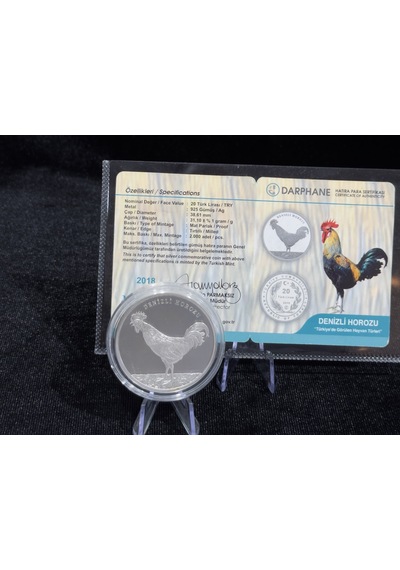2018 Denizli Horozu 20 Türk Lirası 925 Ayar Gümüş Proof Sertifikalı
