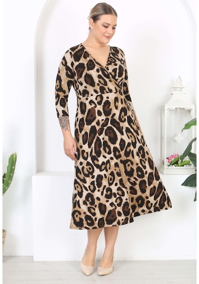 Mooi Xxl Kadın Kahve Siyah Leopar Desen Uzun Kol Kruvaze Yaka Büyük Beden Maxi Elbise Kahverengi