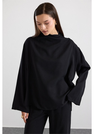 Olcay Degaje Yaka Oversize Pantolon Bluz İkili Takım Siyah 9483-tk