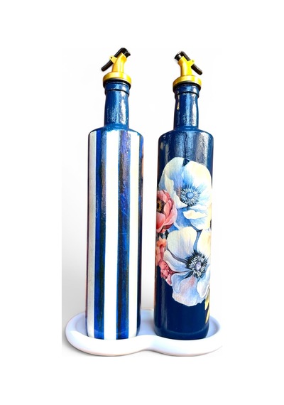 750 Ml Büyük Boy El Yapımı Cam Yağdanlık Sirkelik 2'li Set Çiçek Desenli Ve Çizgili Dekoratif Zeyt Mavi Ve Beyaz