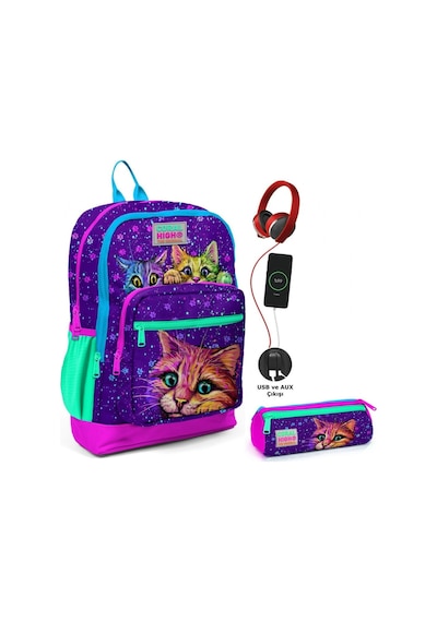 Coral High Mor Kedi Usb Soketli Okul Çantası Ve Kalemlik Seti - Kız Çocuk