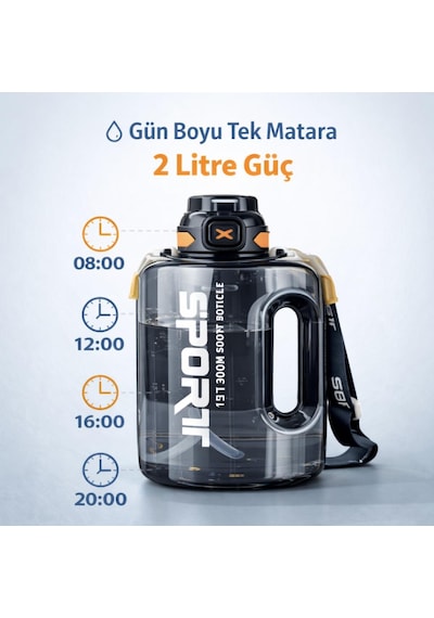 Coofbe 2lt Su Matarası Su Şişesi Pipetli Sızdırmaz Bpa Içermez Emniyet Kilitli Suluk Sporcu Motivasyon Su Matarası Siyah