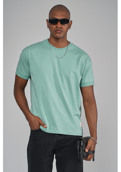 King Brich Slim Fit Kalıp Kolu Ribanalı Basic %100 Pamuklu Tişört Mavi