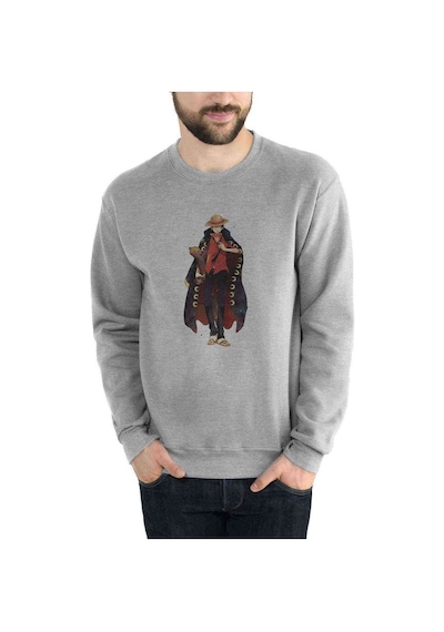 Anime One Piece Kaido Baskılı Gri Erkek Örme Sweatshirt