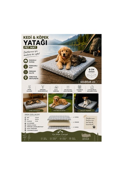 Kedi Köpek Yatağı Süngerli Fermuarlı Yıkanabilir Kılıflı Köpek Minderi 60x80x8 Cm-gri Yıldız