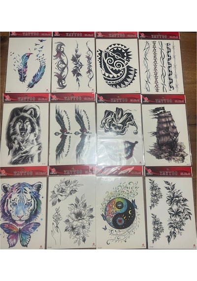 Airbrush Tattoo Büyük Boy Yapıştırma Geçici Dövme Seti 12'li Seri6