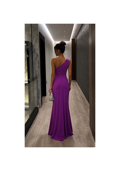 Lior Design Kadın Sade Tek Omuz Kemerli Maxi Abiye Elbise Mor