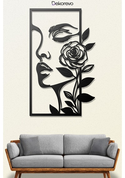 Kadın Ve Gül Metal Duvar Tablosu - Metal Duvar Sanatı - Siyah - 30 X 50 Cm