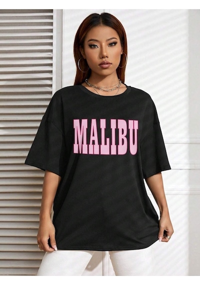 Malibu T-shirt - Siyah Baskılı Oversize Bisiklet Yaka Kısa Kol Tişört Siyah Malibu T-shirt - Siyah Baskılı Oversize Bisiklet Yaka Kısa Kol Tişört Siyah