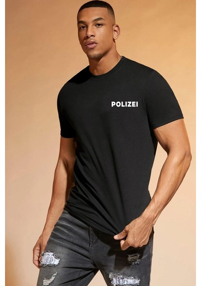 Unisex Polizei Baskılı Kısa Kol T-shirt SIYAH