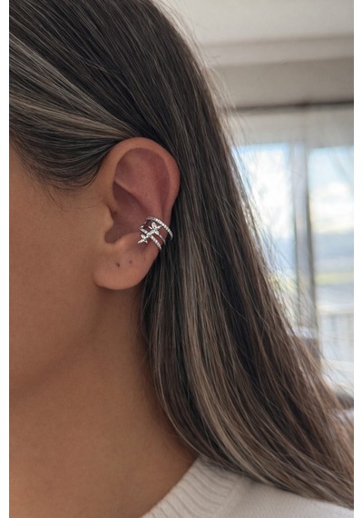 Silver Zarif Taşlı 3 Sıra Görünümlü Kelebekli Earcuff Kıkırdak Küpe -kararma Yapmaz- Gümüş