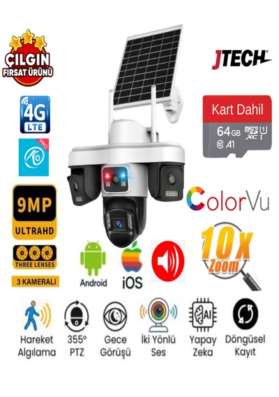 O-kam Ok-301 Premi Um 3+3+3 Aov 9mp 4g Si M Kartlı Solar Panelli 3 Lens 1 Alert Ptz Akıllı Kamera + 64gb Sd Kart