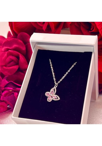 Pembe Taşlı Kelebek Kadın Kolyesi 925 Ayar Gümüş Rodyumlu Zirkon Taşlı Gümüş