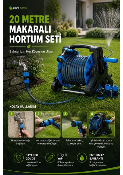 Makaralı Hortum Seti 20 Metre Bahçe Sulama Hortumu 1/2 İç Çap 5 Fonksiyonlu Sulama Tabancalı