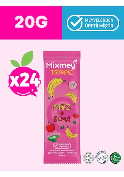 Mixmey Muz Meyve Barı 24 Adet | Atıştırmalıklar – Vegan, Glutensiz, Koruyucusuz (20GR X 24 ADET)