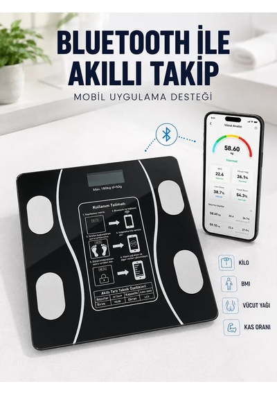 Akıllı Cam Baskül Bluetooth Mobil Uygulamalı Vücut İz Tartısı 180 Kg Lcd Ekran