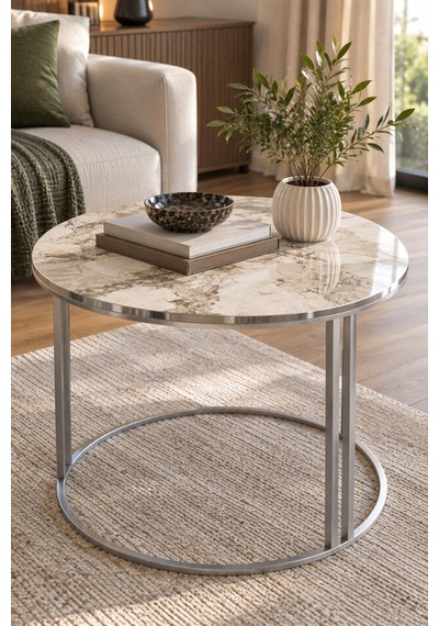 Sulorahome Efes Beyaz Mermer Desenli Yuvarlak Orta Sehpa 70 Cm