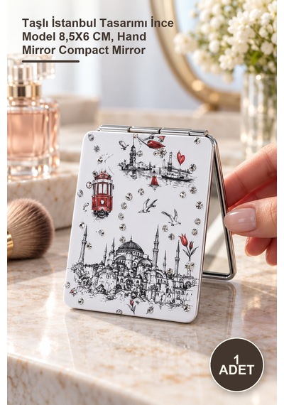 1 Adet El Aynası Taşlı İstanbul Tasarımı İnce Model 8,5x6 Cm, Hand Mirror Compact Mirror Sarı