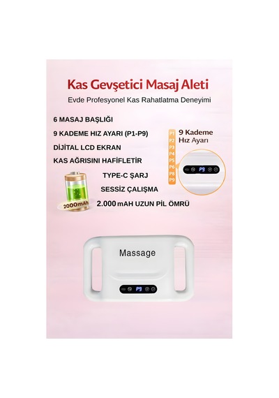 6 Başlıklı Lcd Ekranlı Şarjlı Masaj Aleti 9 Kademeli Hız Ayarlı, 2000mah Uzun Pil Ömürlü Beyaz - Gri