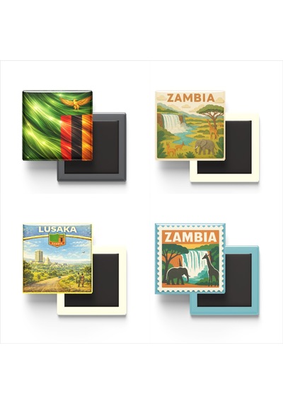 9x9 Cm Buzdolap Magnetleri - Zambiya - Lusaka - 4'lü Set