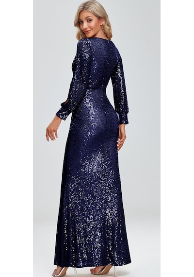 Hanife Glam Couture Hanife Glam Uzun Kollu Kruvaze Yaka Pullu Abiye Elbise Lacivert