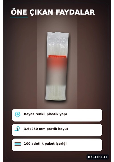Kablo Bağı Plastik Cırt Kelepçe Beyaz 3.6x250 Mm Düzenleyici Paket 100 Adet Bx-316131