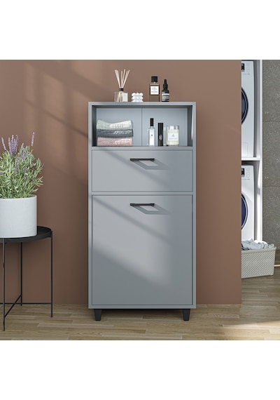 Çamaşır Sepetli Banyo Dolabı, Çok Amaçlı Çekmeceli Dolap 60 Cm Kül Gri