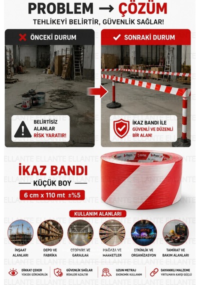 İkaz Bandı 6 Cm X 110 Metre Kırmızı Beyaz Güvenlik Uyarı Şeridi Şantiye Depo Otopark Ve Etkinlik Ala