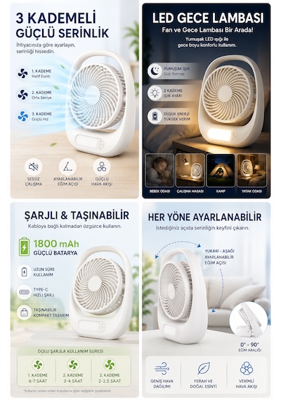 Şarjlı Led Masaüstü Fan 1800 Mah 3 Kademeli Taşınabilir Mini Auhma Masa Vantilatör Type-c Şarjlı 180 Dönebilen Başlık