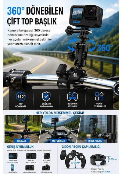 Motosiklet Bisiklet Gidon Kamera Montaj Metal Si 360 Döner Metal Tutucu