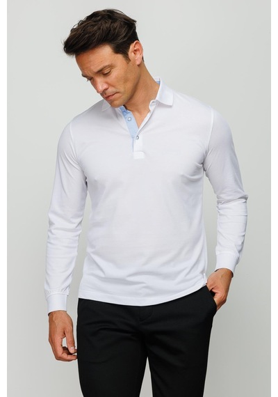 Desen Triko Erkek Polo Yaka Uzun Kollu Sweatshirt Beyaz Beyaz