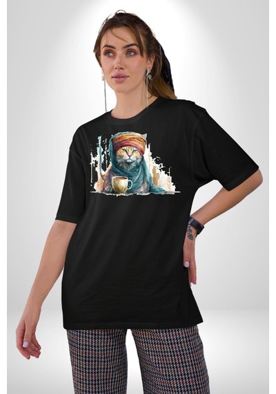 Türk Kahvesi Kedi Pamuklu Bisiklet Yaka Unisex Oversize Boyfriend Dijital Baskılı Siyah T-shirt Siyah