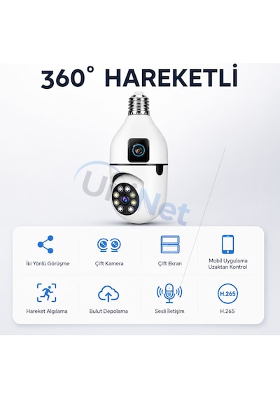 Uninet Çift Kameralı Ampule Takılabilen Tip Wifi Güvenlik Kamerası Full Hd, 355 Derece Dönebilen, Gece Görüşlü Ptz Kamera