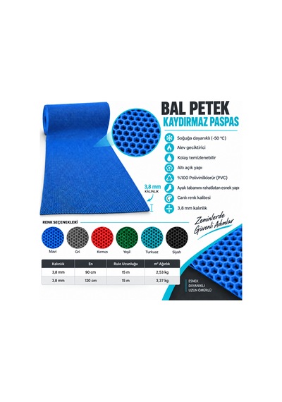 Hortumtech Bal Petek Paspas Kaydırmaz Pvc Islak Zemin Duş Havuz Su Tahliyesi 4 Mm - Mavi 120 X 750 Cm