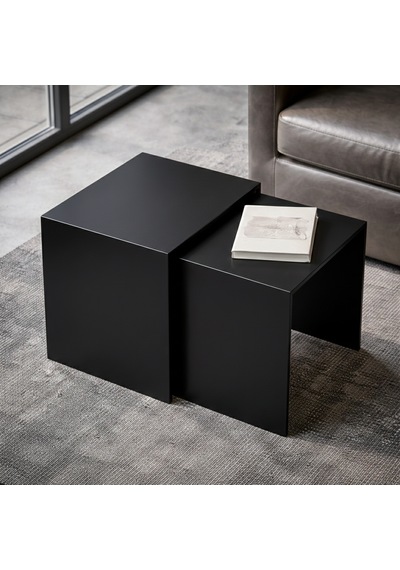 Modern Metal Zigon Sehpa Seti Minimal Tasarım İç İçe Geçen Yan Sehpa 2 Li Set Siyah