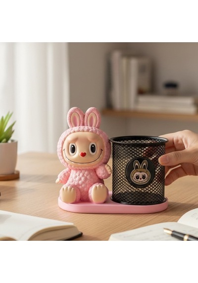 Sevimli Labubu Figürlü Masaüstü Kalemlik & Ofis Düzenleyici Pembe