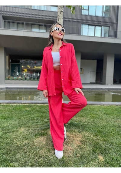 Kadın Gofre Alt Üst Gömlek Fuşya Pantolon Takım - S504472 Pembe