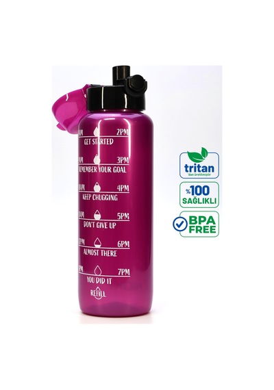 Su Matarası Tritan Geniş Ağız Su Şişesi Motivasyon Spor Matarası Suluğu Bpasız 1000 Ml Mor T0103