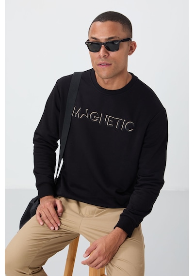 Tommy Life Siyah Yazı Nakışlı O Yaka Rahat Form İçi Polarlı Erkek Sweatshirt - 88020 Siyah