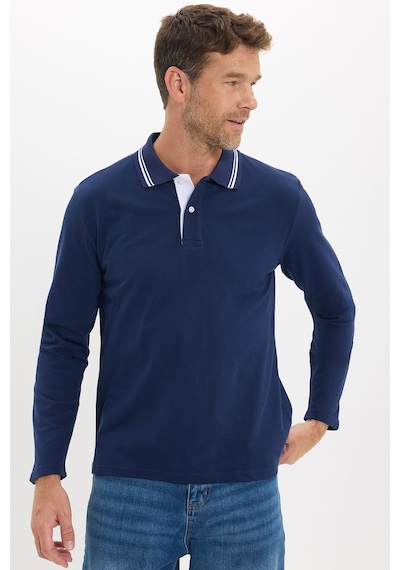 Tudors Erkek Slim Fit Dar Kesim %100 Pamuk Uzun Kollu Lacivert Polo Yaka Tişört-52783