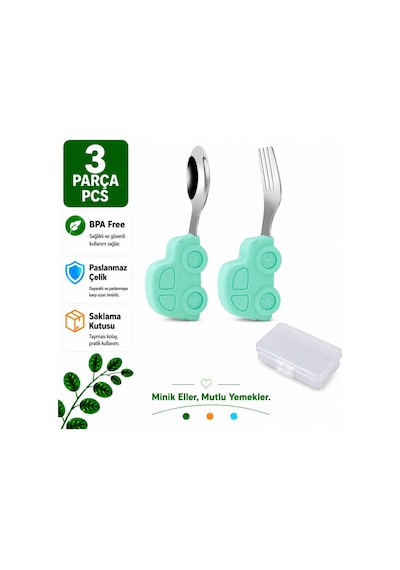 Açık Yeşil Premium Çocuk Bpa Free Silikon Saplı Paslanmaz Çelik Uçlu Çatal-kaşık, 9+ Ay