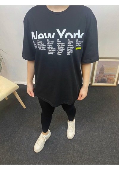 Kadın Bisiklet Yaka Oversize Kalıp New York Baskılı Tişort Spr24tsk112 Black