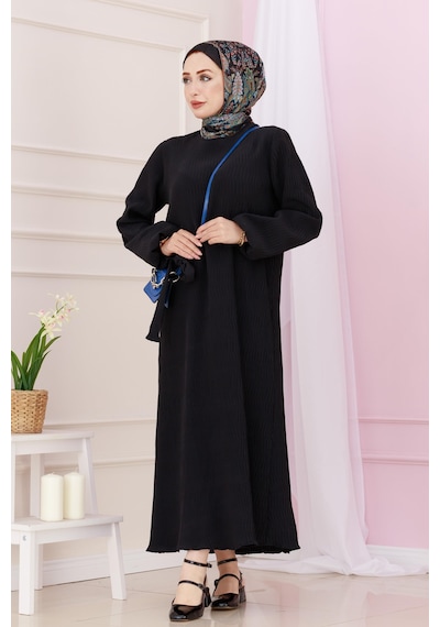 Sevitli Beli Kuşaklı Luna Tesettür Elbise-siyah-4886 Siyah